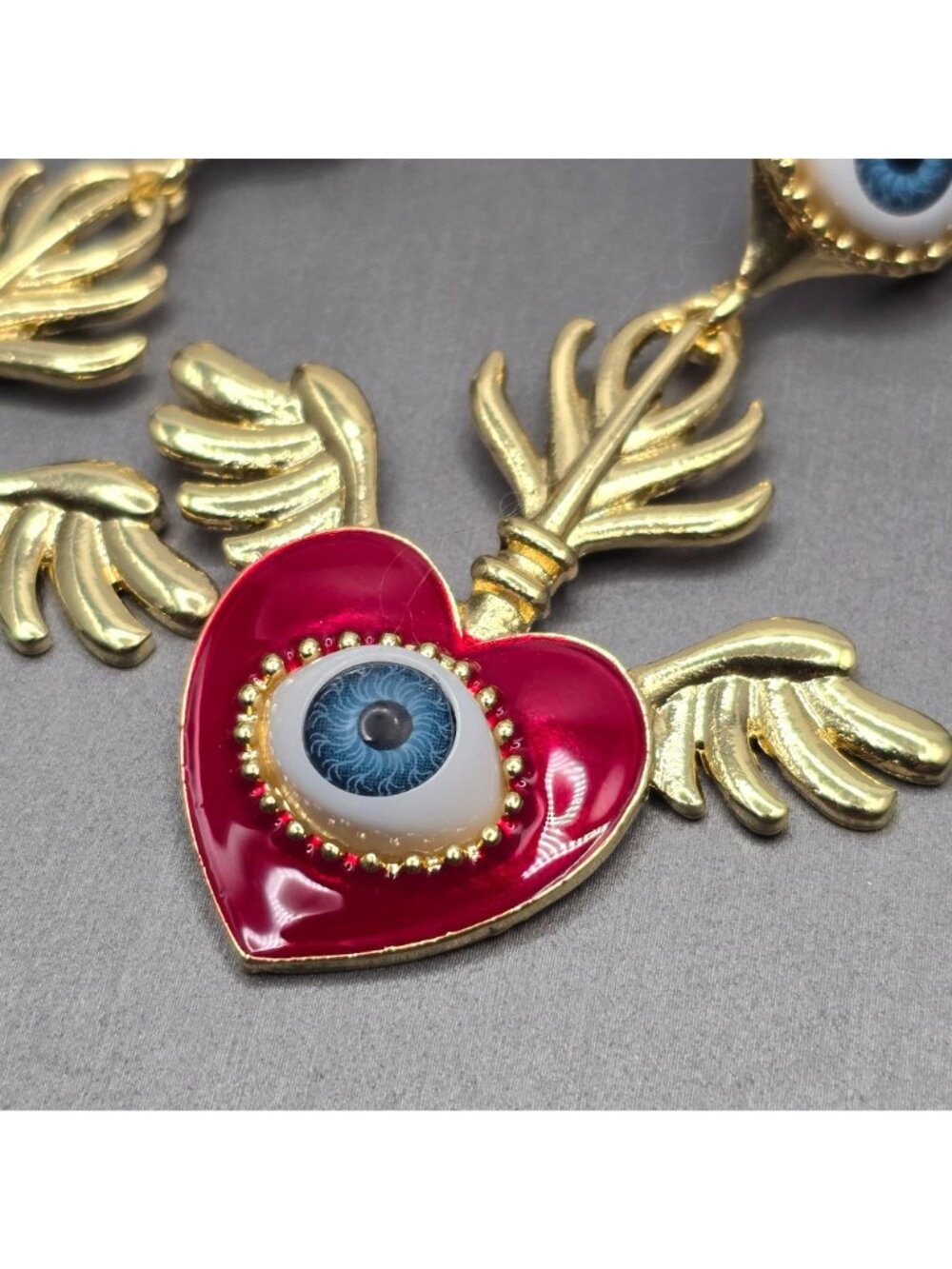 Surrealist Evil Eye Sacred Heart Drop Earrings 3" Gold Red Enamel Statement - Picture 3 of 7